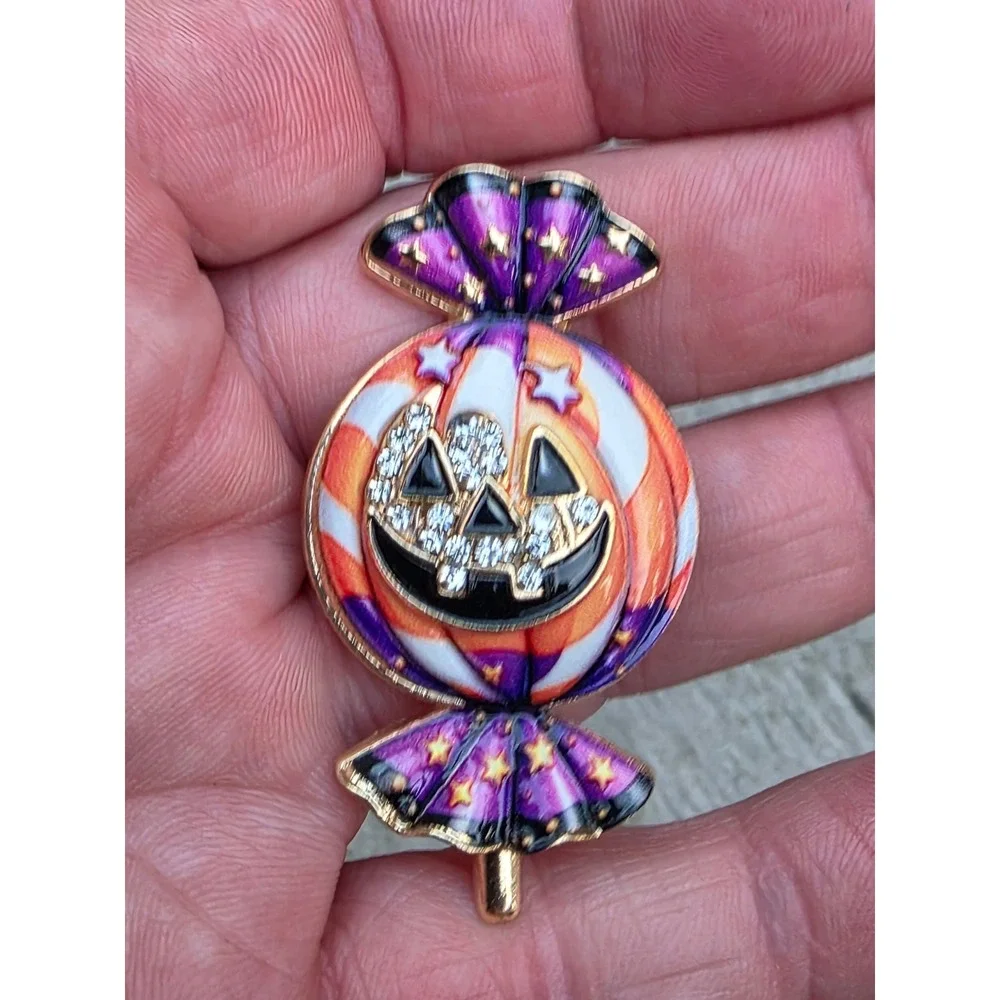 Halloween Jack-O-Lantern Candy Brooch Enamel Rhinestone Pumpkin Pendant Pin
